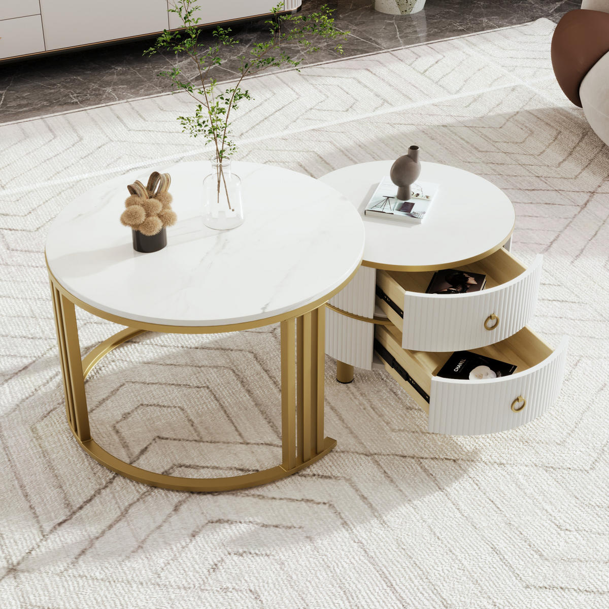 COUCHTISCH-SET Weiß mit Marmorfurnier und Schubladen - Weiß, Metall (70/70/46cm)