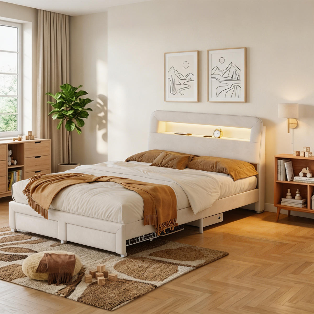 POLSTERBETT 160x200 cm, USB und LED, mit 2 Schubladen, Doppelbettrahmen 160x200 cm, Samt in Cremeweiß - Beige, Holzwerkstoff/Textil (160/200cm) - GENKI LIVING