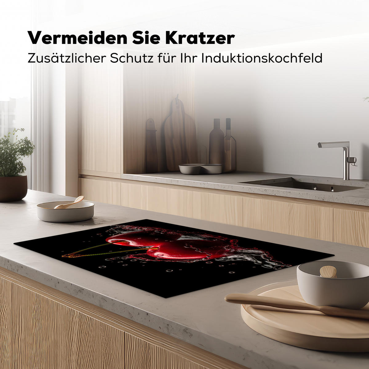 HERDABDECKPLATTE Kirsche - Rot - Frucht - Wasser - Schwarz 81x52 cm - Kirschrot, Kunststoff (81.6/0.2/52.7cm) - MuchoWow