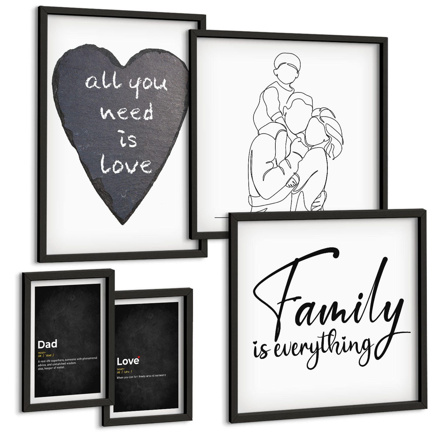 BILDER SET 5er Set - 50x50 cm & 20x30 cm & 40x60 cm Schwarzer Rahmen - Definitionen der Liebe in Familienzeichnungen - Schwarz, Kunststoff (40/60cm) - TULUP