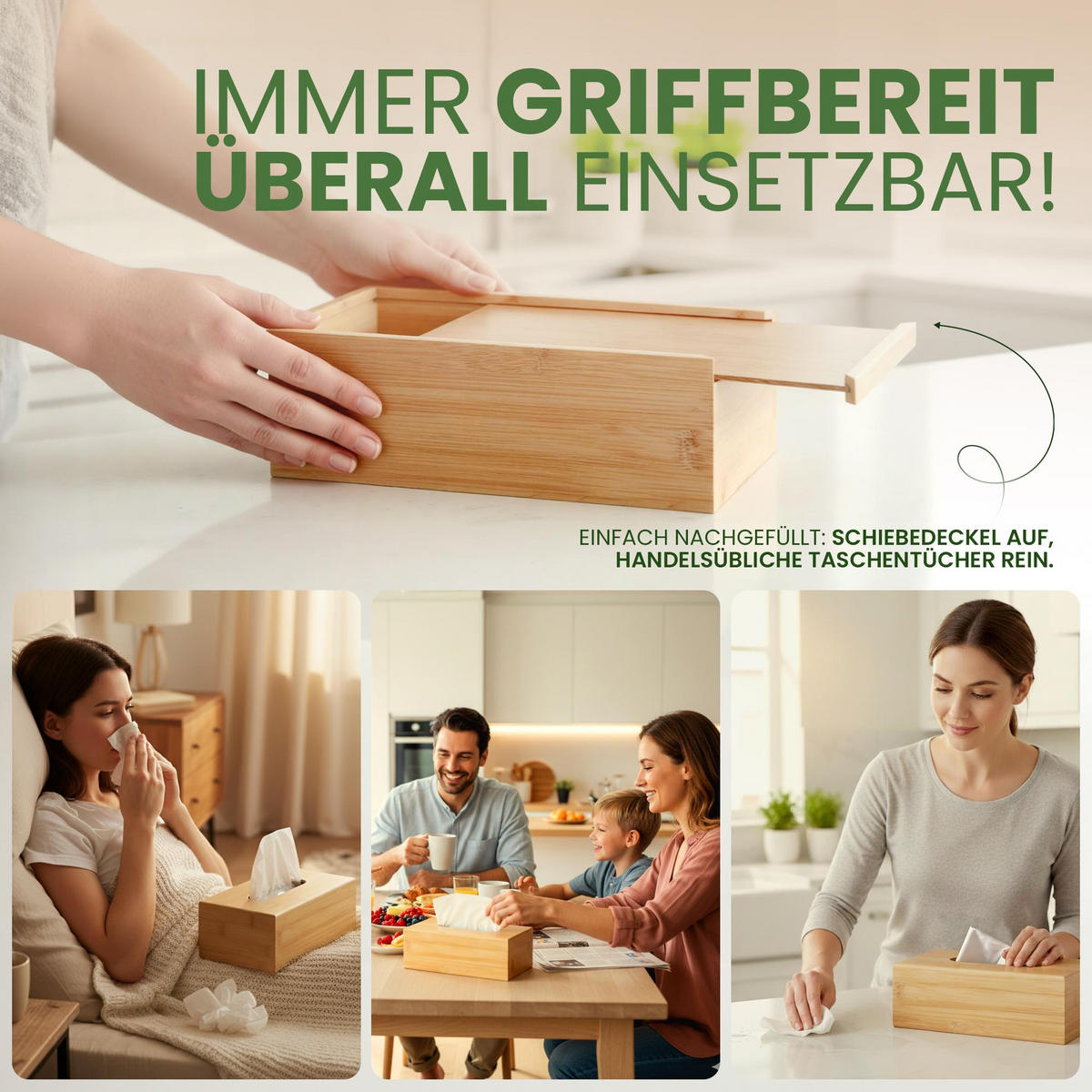 TASCHENTUCHBOX eckig 25/13/9 cm Holz Natura - Eukalyptusholzfarben, Holz (13/25/9cm) - CLP