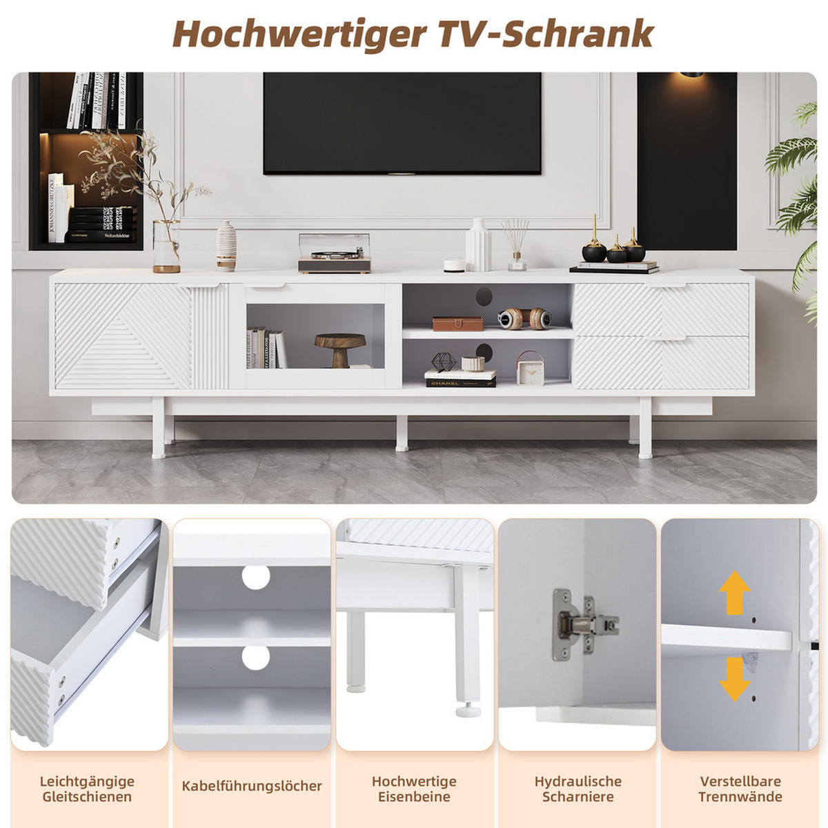 TV-SCHRANK 200x40cm Modern Weiß 2 Türen 2 Schubladen Stauraum bis 80 Zoll - Weiß, Holz (46.02/19.3/71.12cm) - FLIEKS