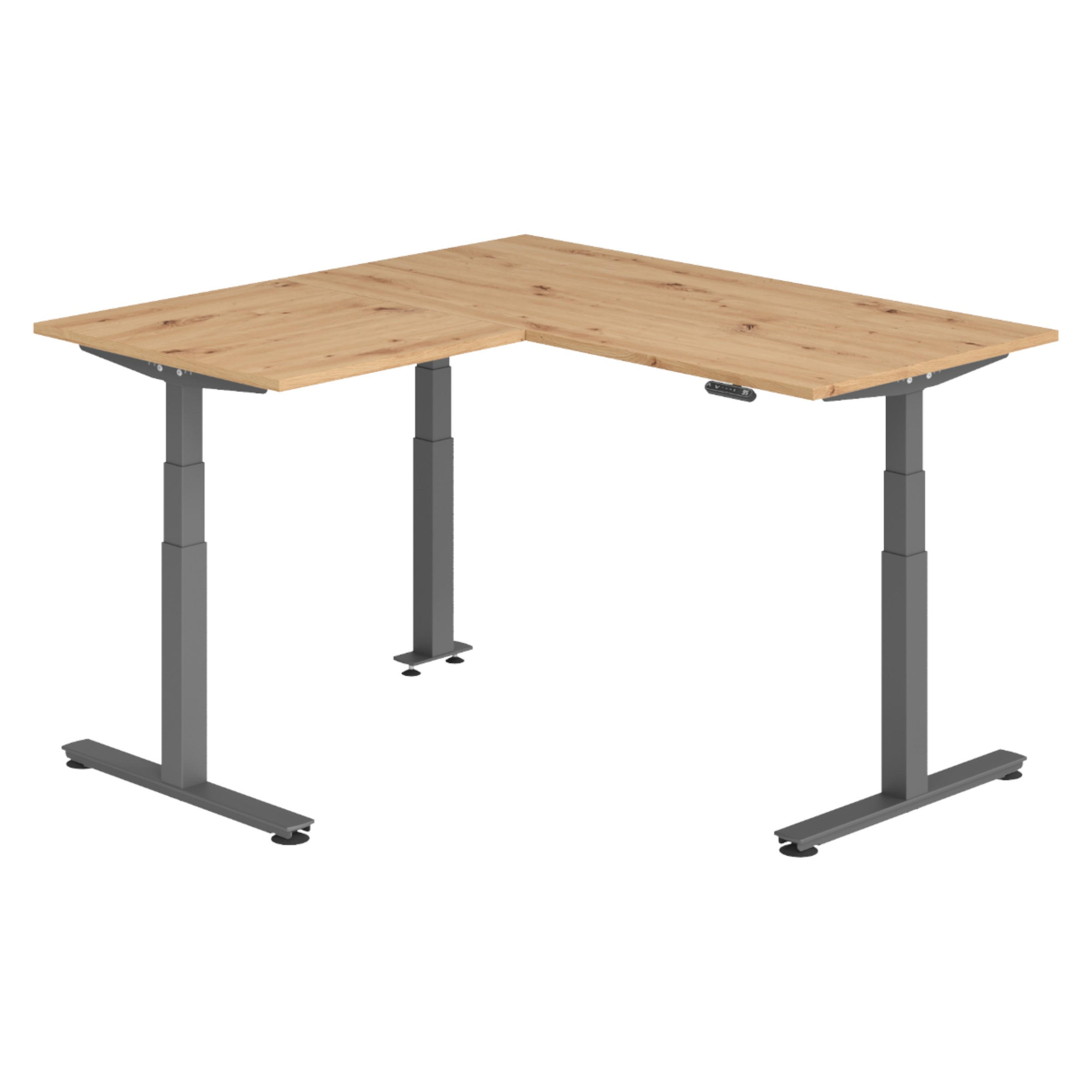 ECKSCHREIBTISCH elektrisch höhenverstellbar L-Form 160/160/74 cm in Wildeiche/Graphitfarben - Wildeiche/Graphitfarben, Holzwerkstoff (160/160/74cm) - bümö