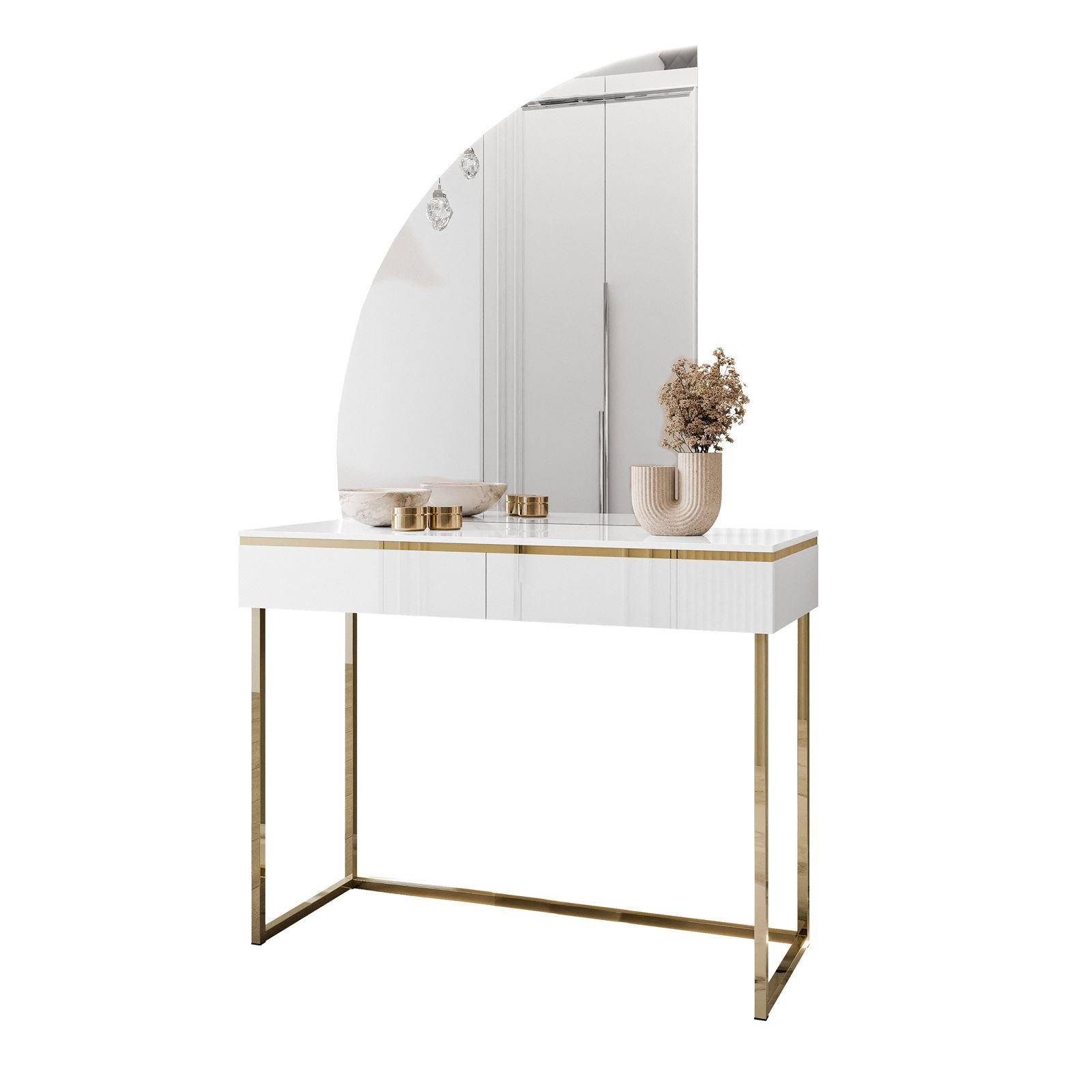 SCHMINKTISCH AURORA-Q GOLD in weiß Hochglanz auf goldenem Gestell mit links Spiegel - Weiß Hochglanz/Goldfarben, Holzwerkstoff/Metall (102/174/44cm) - Lookway