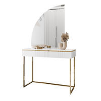 SCHMINKTISCH AURORA-Q GOLD in weiß Hochglanz auf goldenem Gestell mit links Spiegel - Weiß Hochglanz/Goldfarben, Holzwerkstoff/Metall (102/174/44cm) - Lookway