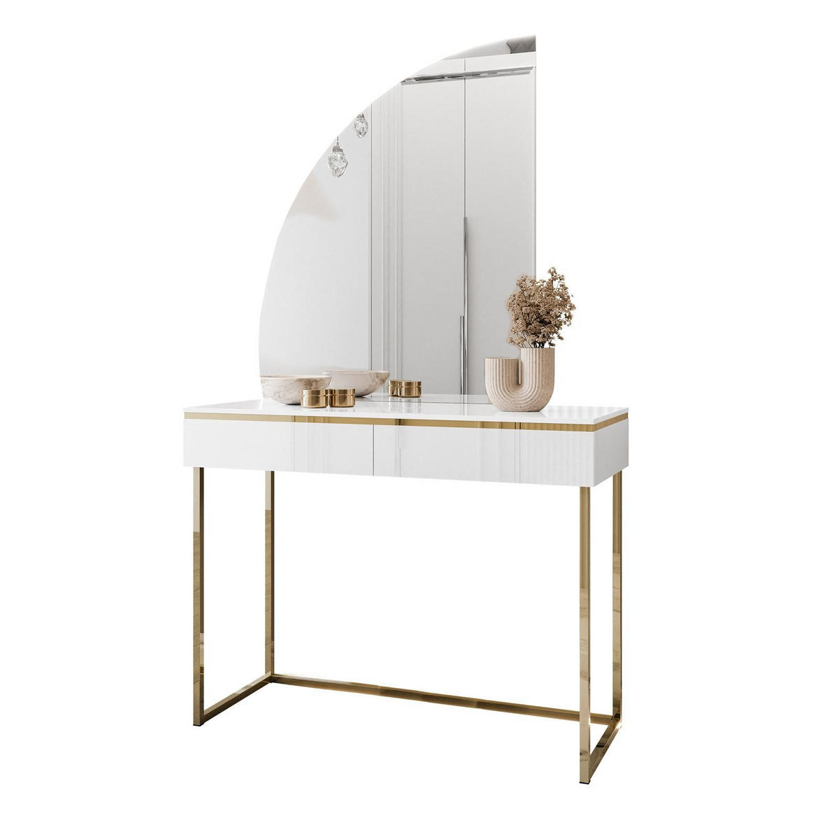 SCHMINKTISCH AURORA-Q GOLD in weiß Hochglanz auf goldenem Gestell mit links Spiegel - Weiß Hochglanz/Goldfarben, Holzwerkstoff/Metall (102/174/44cm) - Lookway