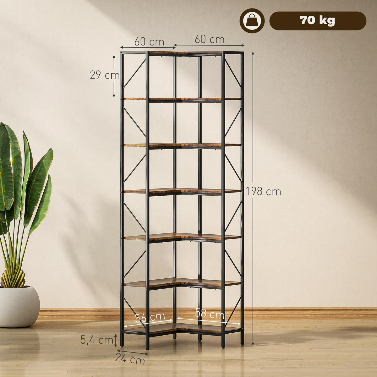 REGAL DE-15529 7-stufig, L-Form, 60/60/198 cm Rustikalbraun - Braun, Holzwerkstoff (60/198/60cm) - ComfortXL