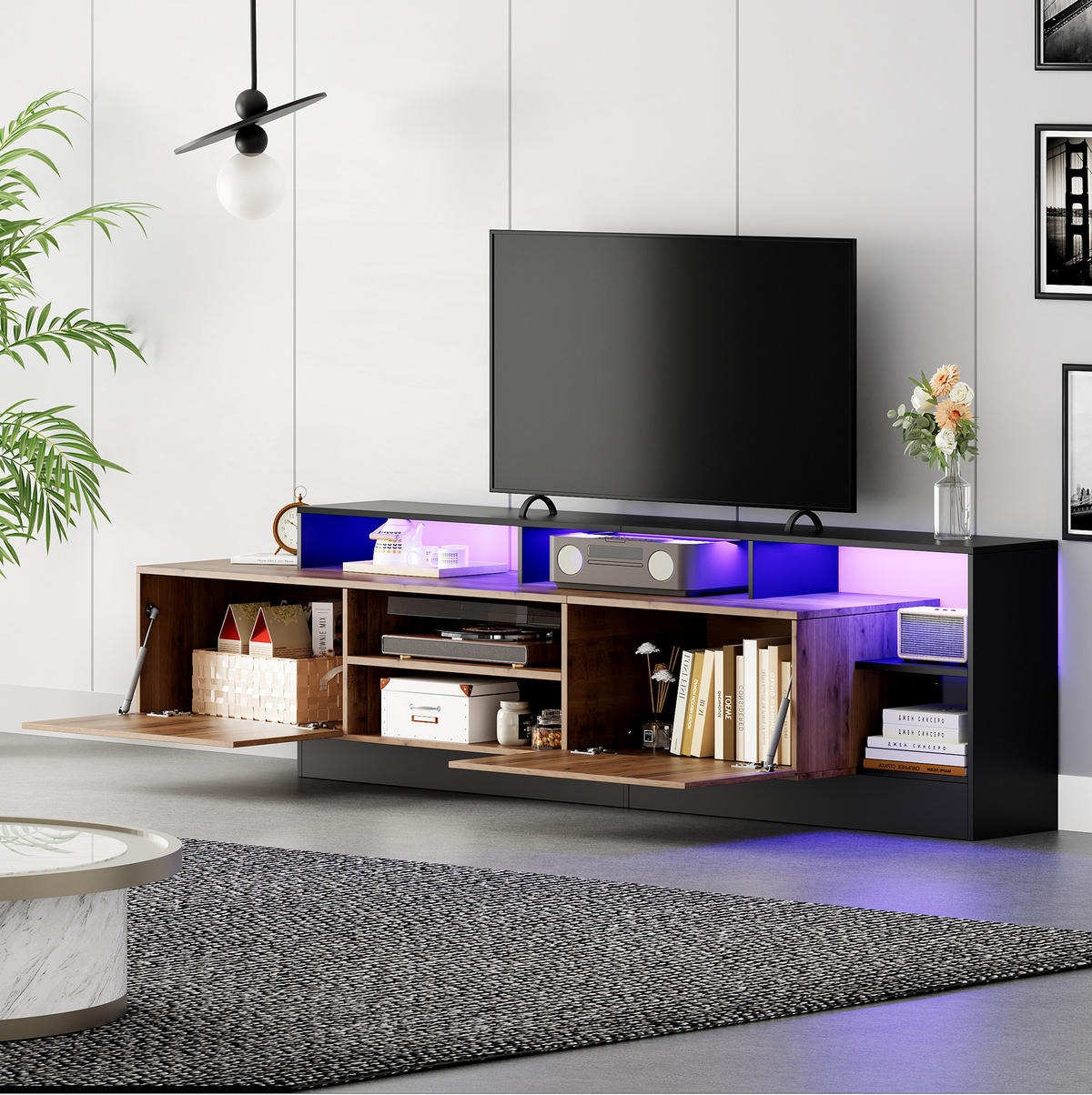TV-LOWBOARD 190/40/48,5 cm mit LED-Beleuchtung, offenem und geschlossenem Stauraum aus Spanplatte, Schwarz/Eichefarben - Schwarz, Holzwerkstoff (190/48.5/40cm) - Redom