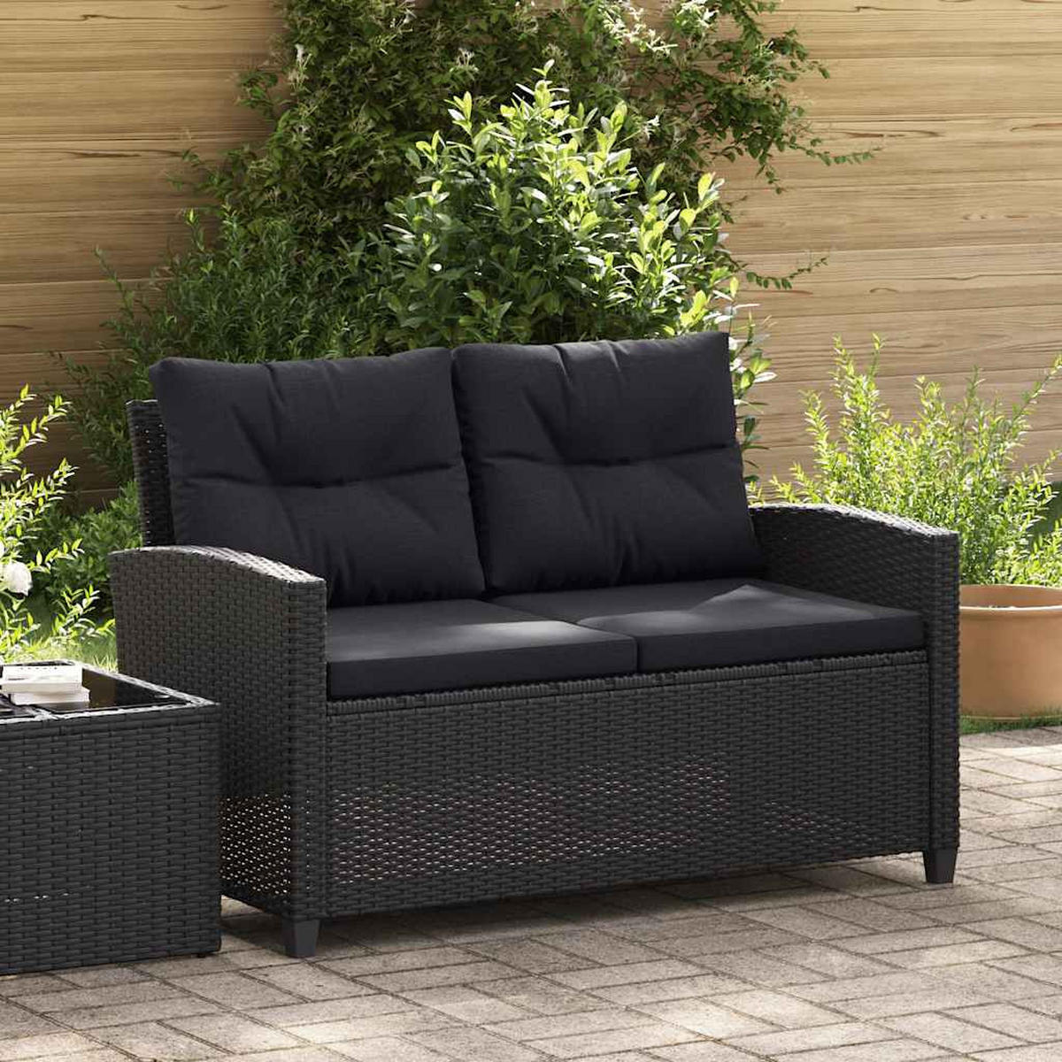 LOUNGESOFA mit Kissen, 2-Sitzer, 124/68/77 cm, aus Poly Rattan, Schwarz - Schwarz, Naturmaterialien/Textil (68/77/124cm) - vidaXL