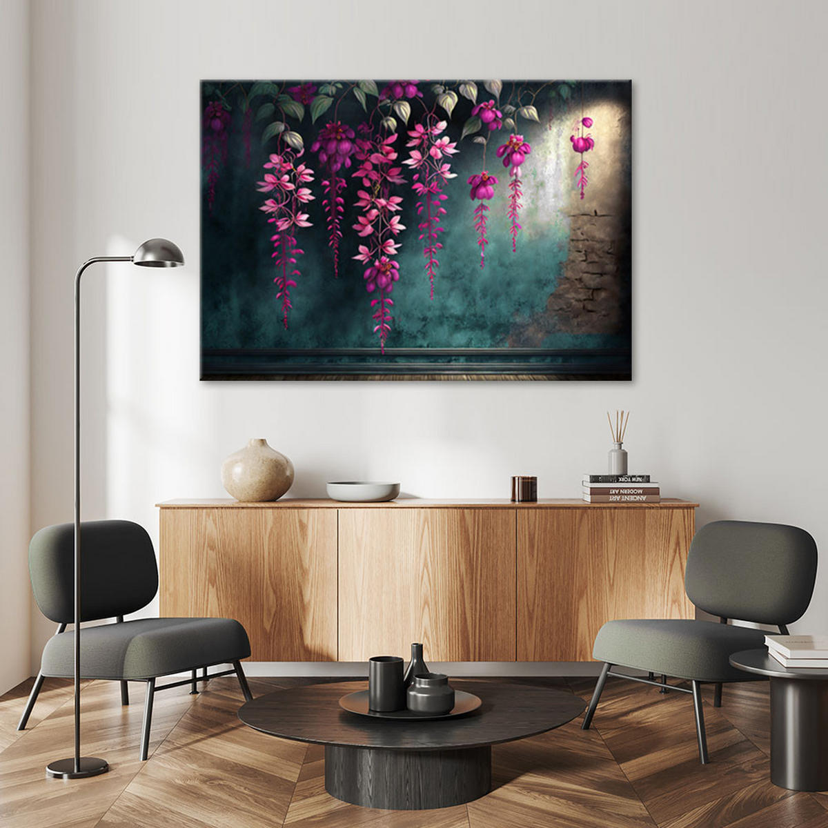 LEINWANDBILD Hängende Blumen auf Betonhintergrund - Blau, Textil (60/40cm) - Feeby