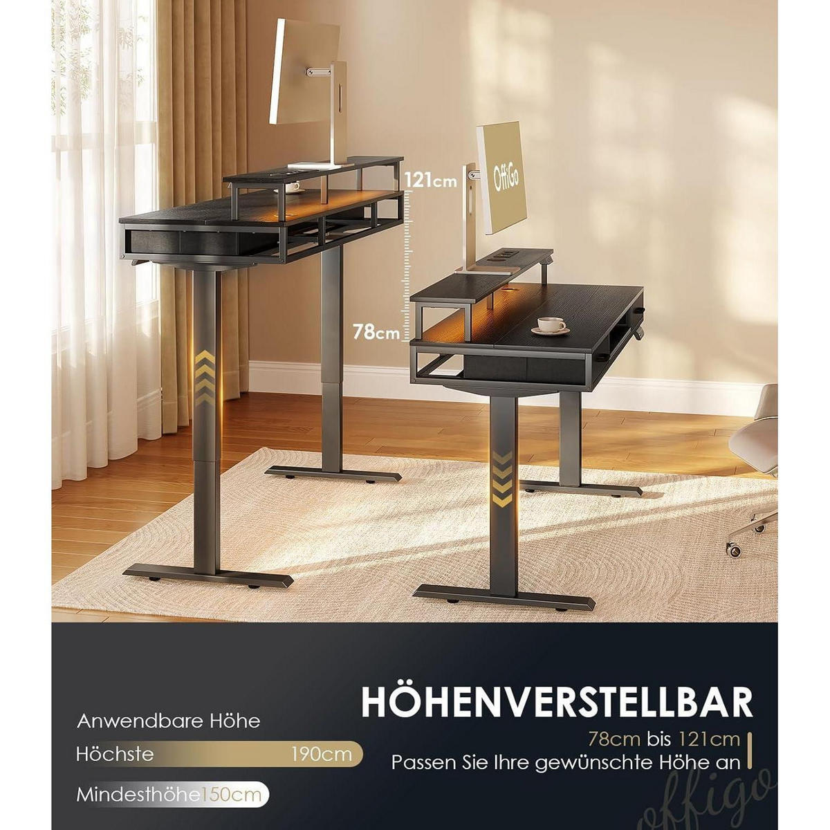 SCHREIBTISCH höhenverstellbar elektrisch mit Schubladen 120 cm Schwarz - Schwarz, Metall (54/120/78.5cm)