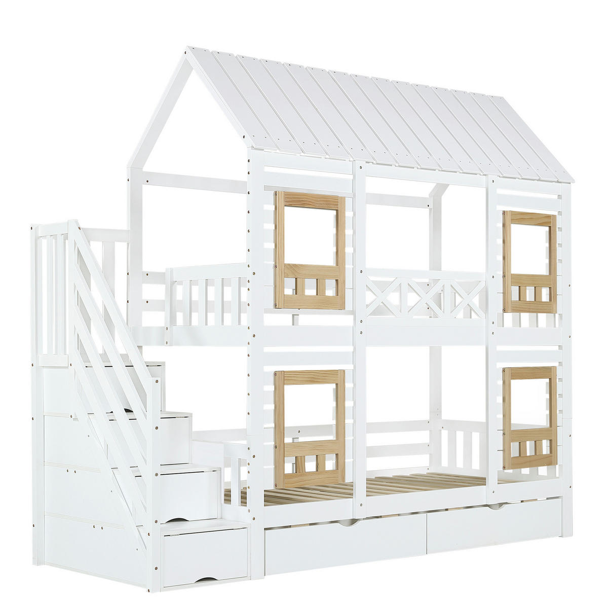 ETAGENBETT 90/200 cm in Weiß/Natur mit Stauraumtreppe und 2 Schubladen - Weiß, Holz (90/200cm) - OKMYHOME