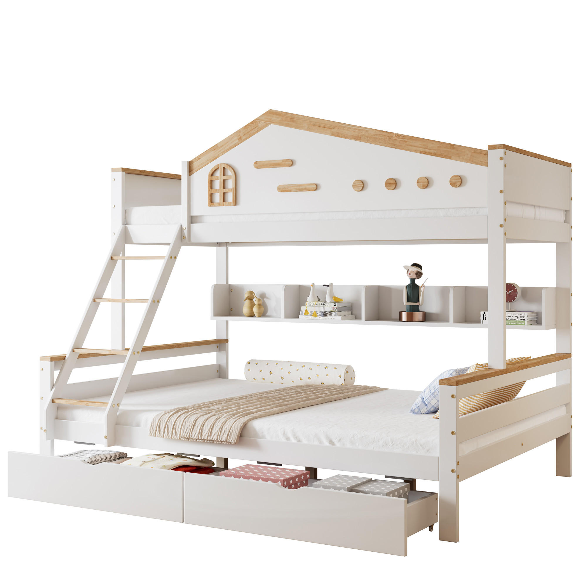 ETAGENBETT 90/200 & 140/200 cm aus Kiefer/MDF mit Regalen und 2 Schubladen Weiß/Natur - Weiß, Holzwerkstoff (90/200cm) - Modenvie