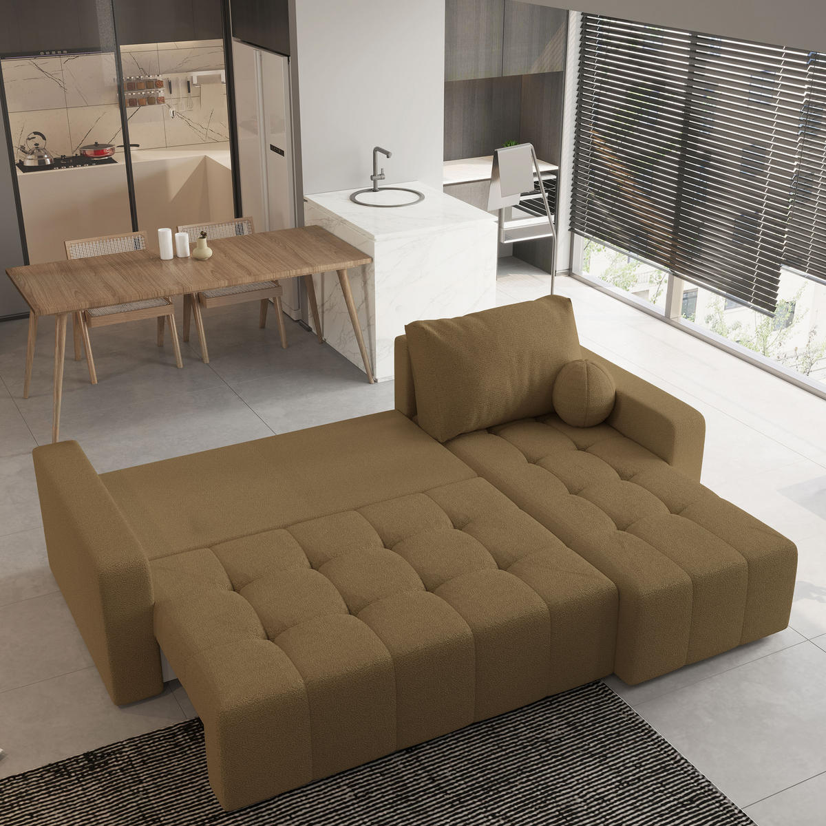 ECKSOFA VOLIRA Orange Boucle-Stoff mit Schlaffunktion - Orange, Holz (230/143cm) - MASSENO