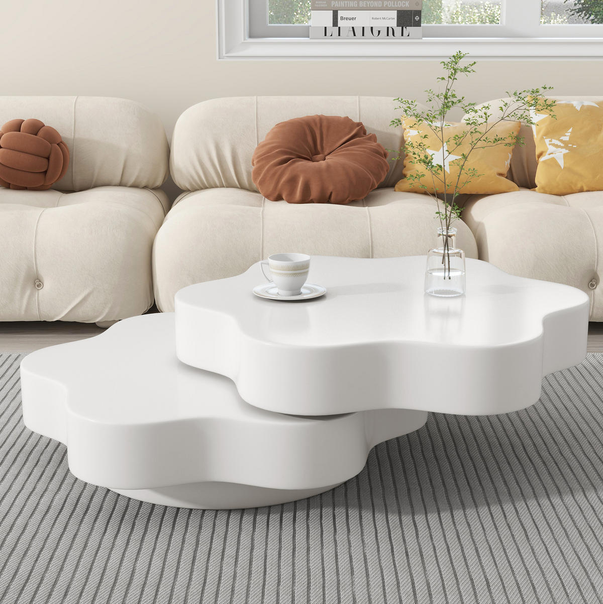 COUCHTISCH aus MDF 74,8x67,5x31 cm Cremeweiß mit 360° drehbarer Platte und 2 Ablageflächen in Blumenform - Weiß, Holzwerkstoff (74.8/67.5/31cm) - Modfu
