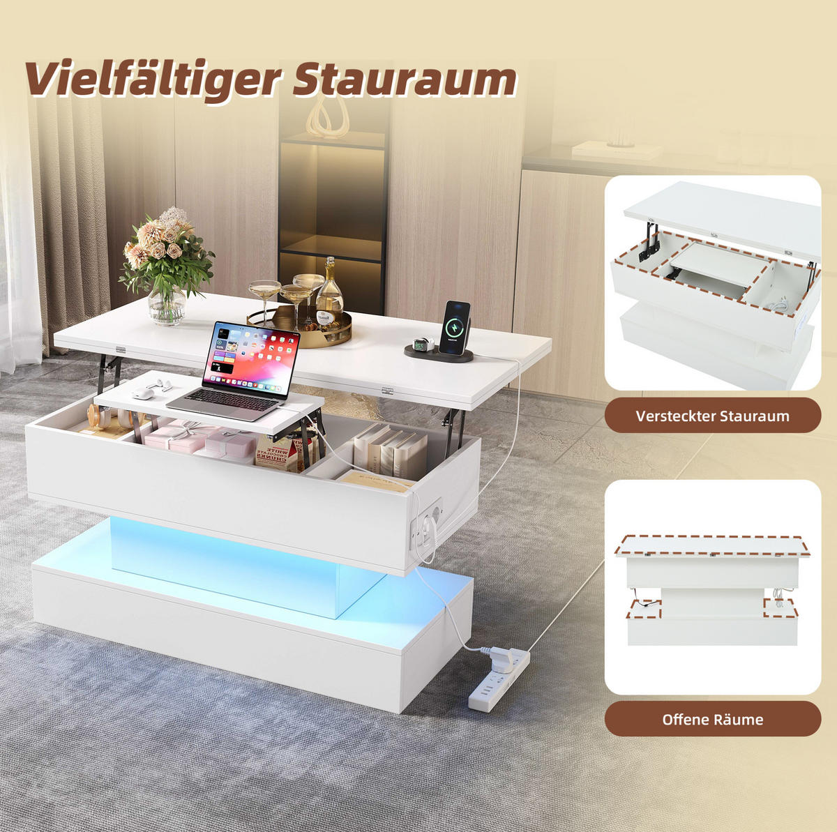 COUCHTISCH aus Spanplatte 100x50x51,5 cm in Weiß mit LED & Steckdose - Weiß, Holzwerkstoff (100/50/51.5cm) - Modfu