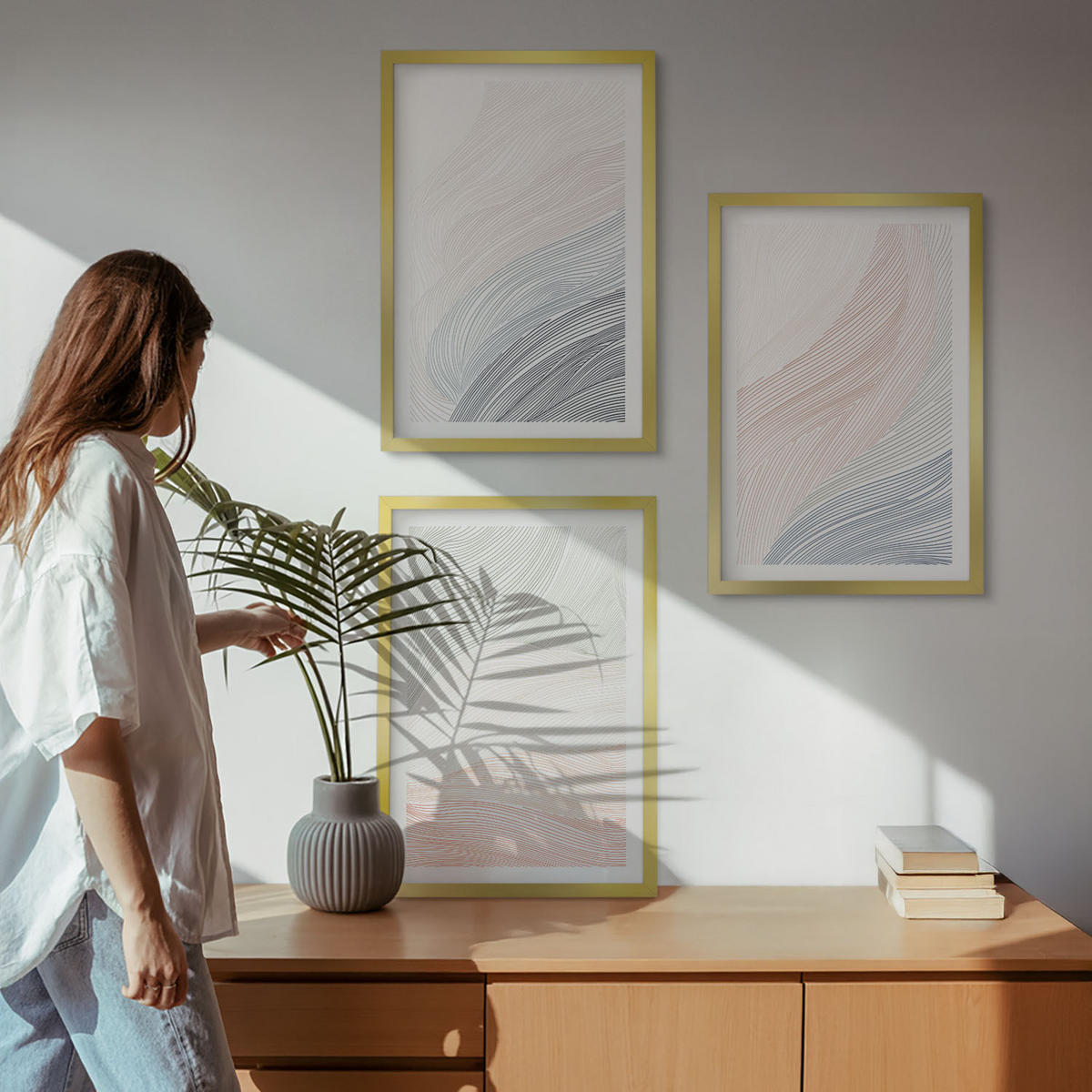 BILDER SET 3er Set - 40x60 cm Goldrahmen - Abstrakte Wellen, Karton, Pastell - Goldfarben, Kunststoff (40/60cm) - TULUP