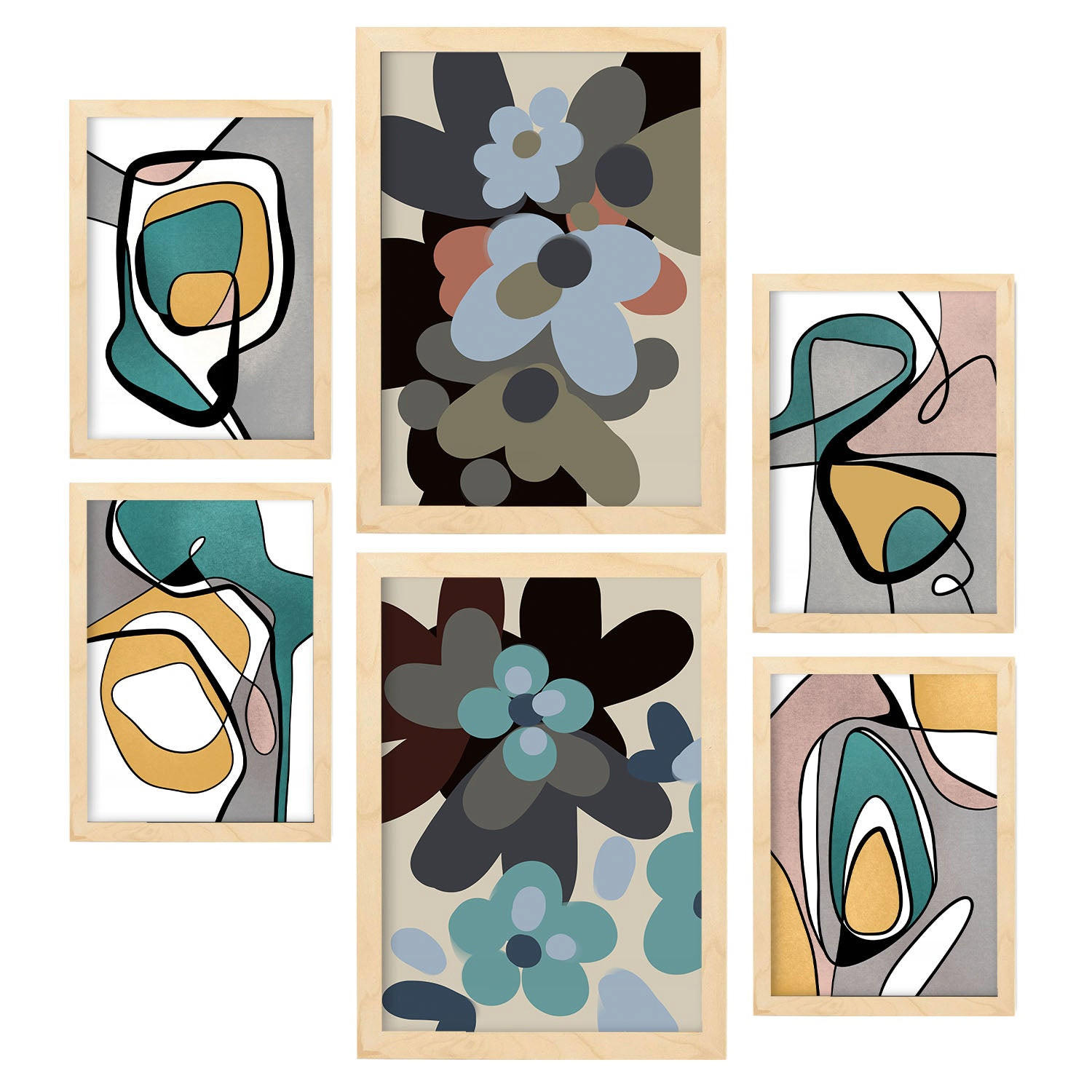 POSTER Set Mit 6 Hodgepodge Blume In Blume Zusammenfassung Ästhetische Dekorative Gemälde Für Ihr Wohnzimmer Zuhause A3 & A4 Rahmen Aus Hellem Holz - Beige, Papier (29/3cm) - Nacnic