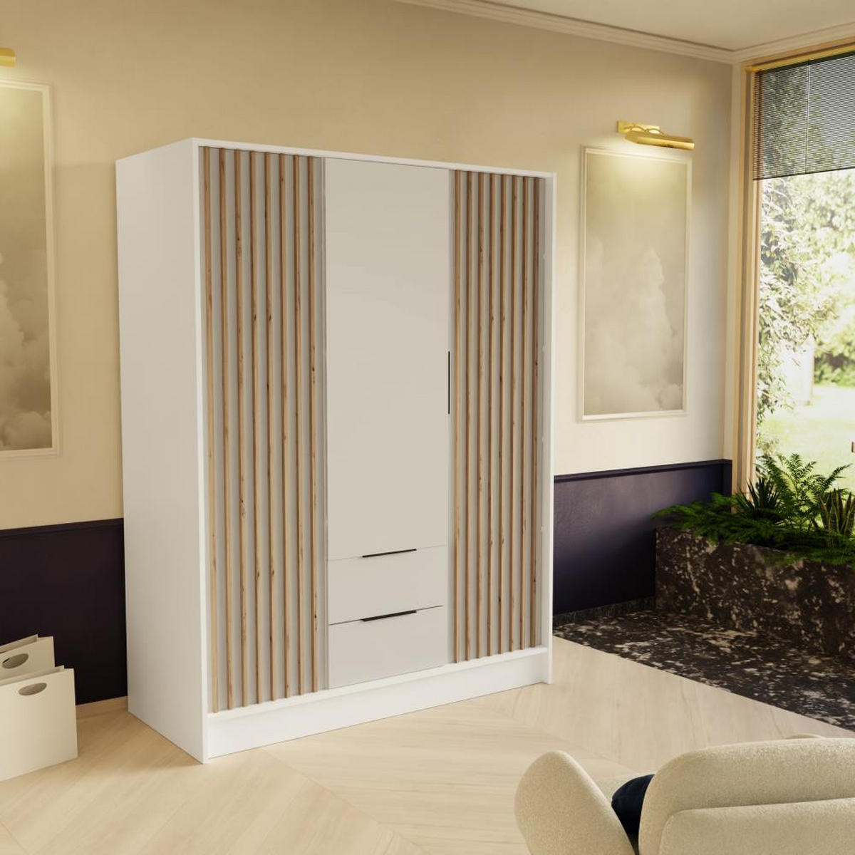 DREHTÜRENSCHRANK Nero 150/51/200 cm mit Lamellen weiß - Schwarz/Weiß, Holzwerkstoff (150/200/51cm) - Beautysofa