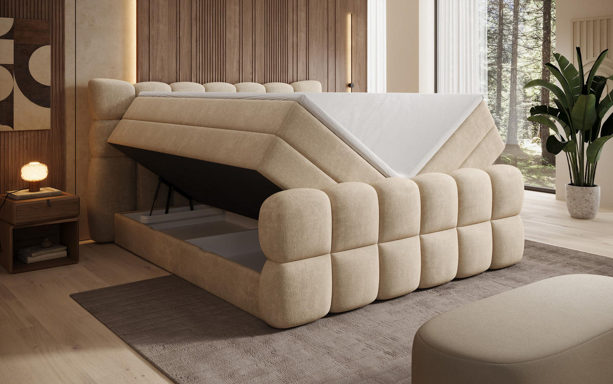 BOXSPRINGBETT Milano Beige 200/200 cm Struktur Stoff mit Bettkasten, mit Matratze, mit Premium-Topper H2/H3 - Beige, Textil (200/200cm) - wonello