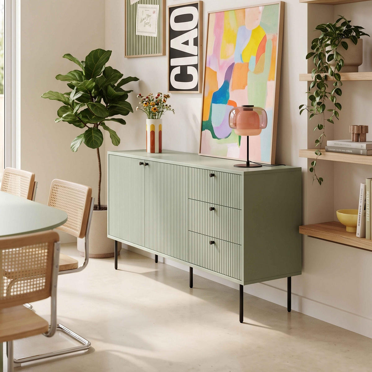 SIDEBOARD 150 cm, Salbeigrün - Grün, Holz/Metall (150/75/40cm) - Oviala