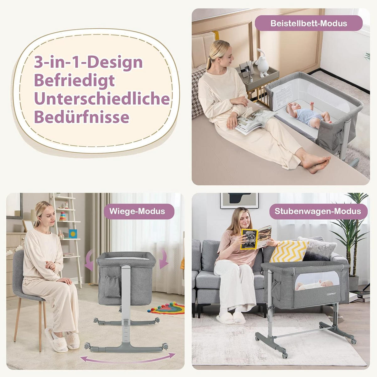 BABYBETT 3 in 1 Beistellbett Hellgrau - Dunkelgrau, Metall - COSTWAY