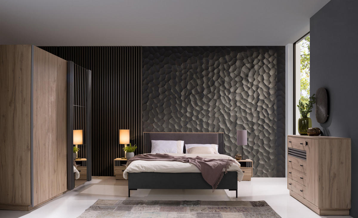 SCHWEBETÜRENSCHRANK PUNTO 215/210/61cm -türig mit Spiegel Eichefarben - Eichefarben/Anthrazit, Holzwerkstoff (215/210/61cm) - MASSENO