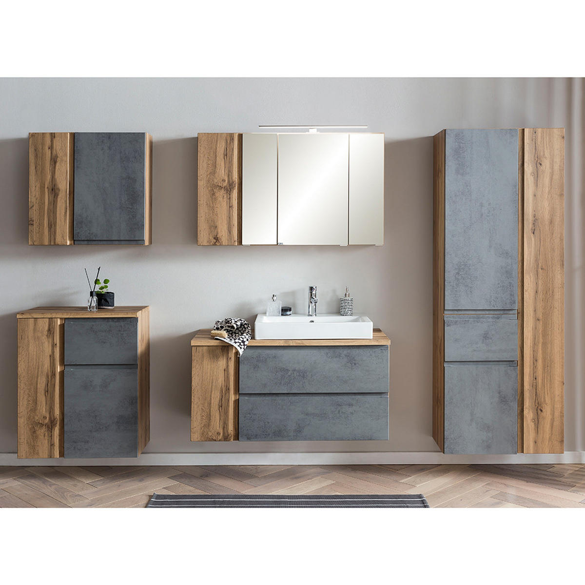 BADMÖBEL-SET 5-TLG. Vasto-03 - Grau, Holzwerkstoff (265/200/47cm) - Lomado