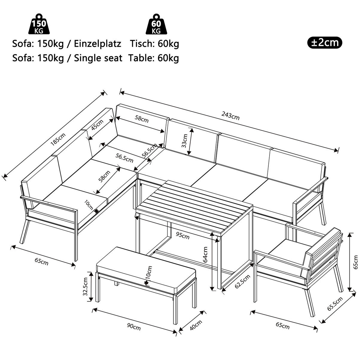 GARTENSET L-Form 8 Personen Grau Mit Holztisch & Sessel - Grau, Metall - FLIEKS