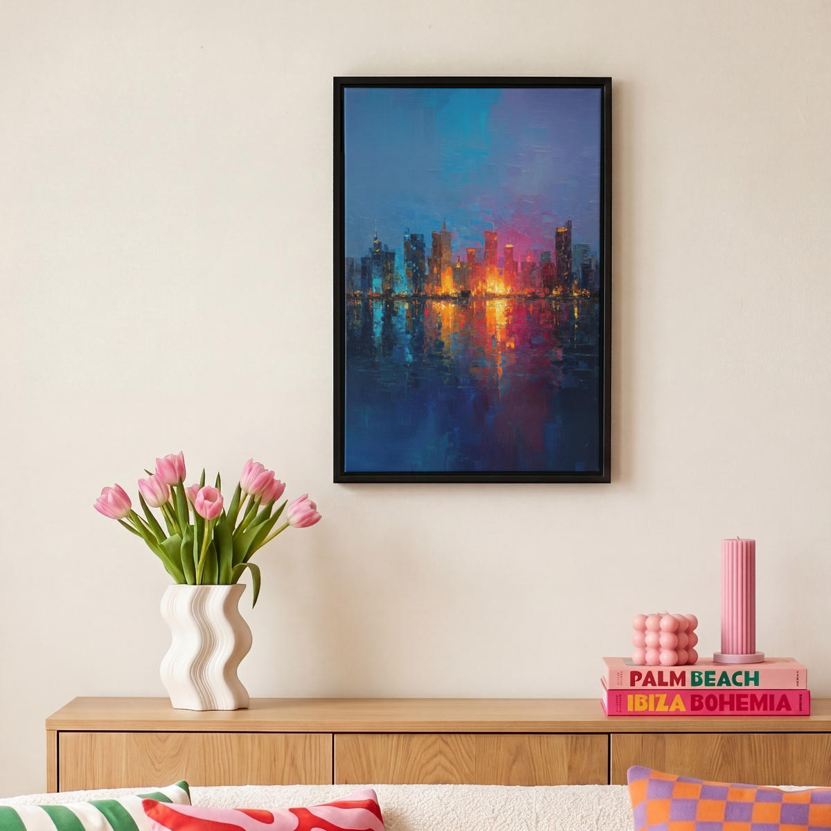 LEINWAND Bilder mit Rahmen - Skyline - Pinselstriche - Dunkelblau - Leuchtend - 20x30 - Blau, Textil (20/30cm) - MuchoWow
