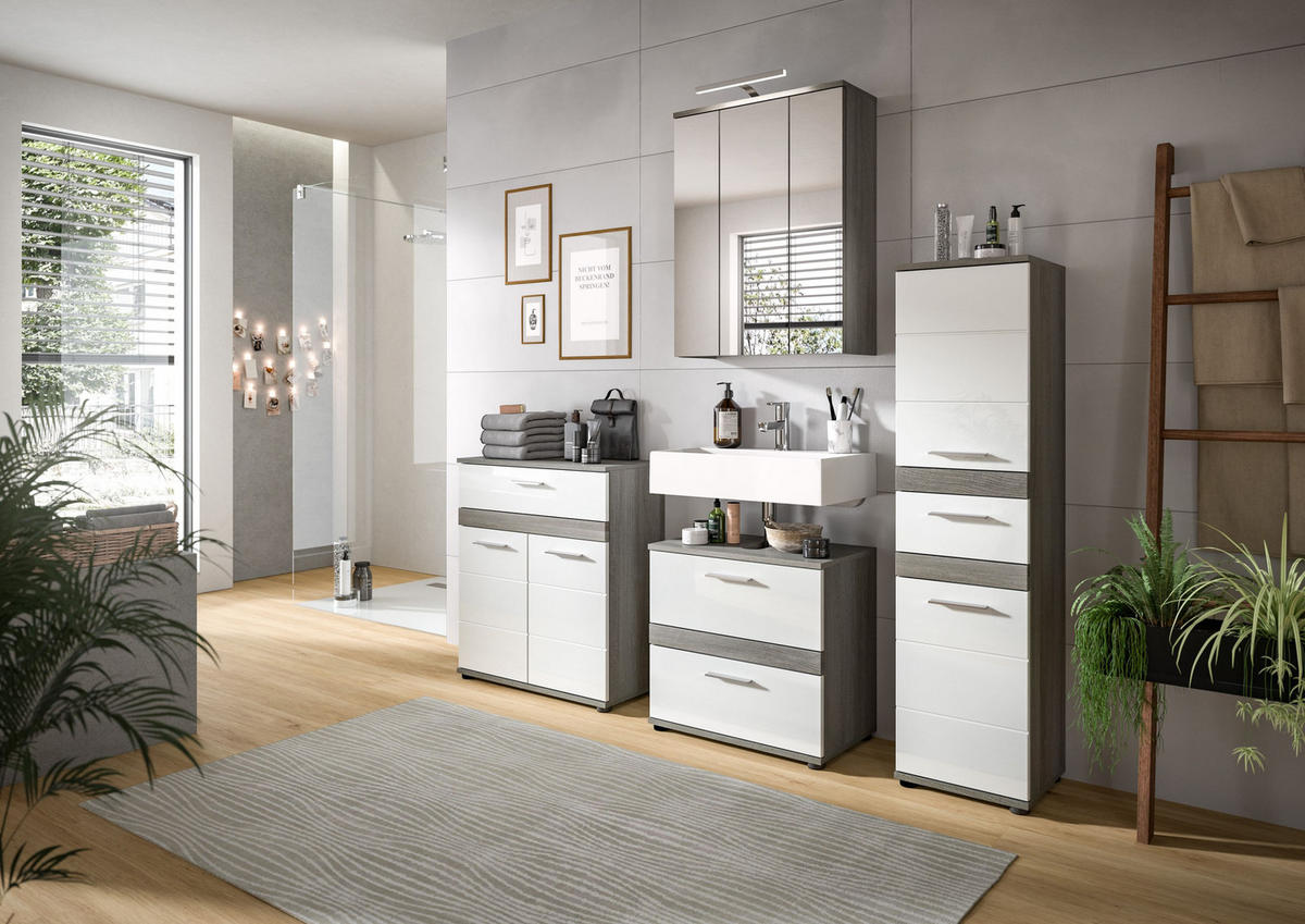 WASCHBECKENUNTERSCHRANK Blake Bad in Rauchsilber Nb. und weiß hochglanz B/H/T: 60x57x34 cm - Silberfarben, Holz (60/57/34cm)