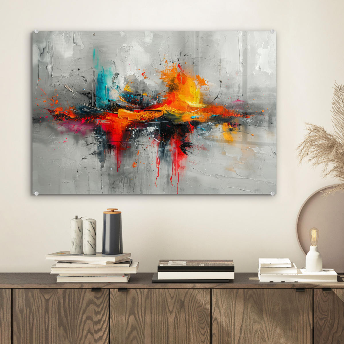 ACRYLGLASBILD Moderne Kunst - Orange - Grau - Abstrakt 60x40 cm - Hellgrau, Glas (60/40cm) - MuchoWow