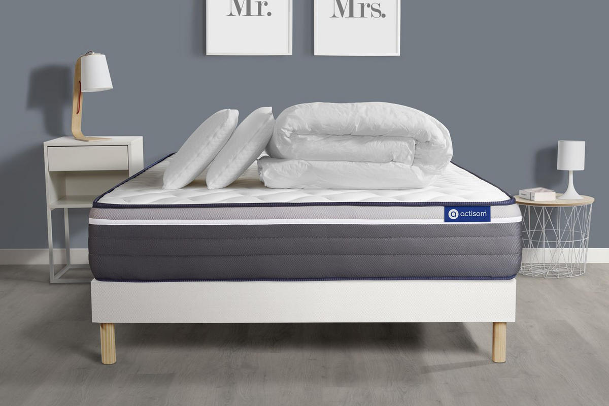 BETT Actiflex plus Taschenfederkern und Memory-Schaum 180 x 200 cm h4 - Kit Bettgestell Weiß - Mit Kissen und Bettdecke - Beige/Weiß, Holz/Textil (180/200cm) - ACTISOM