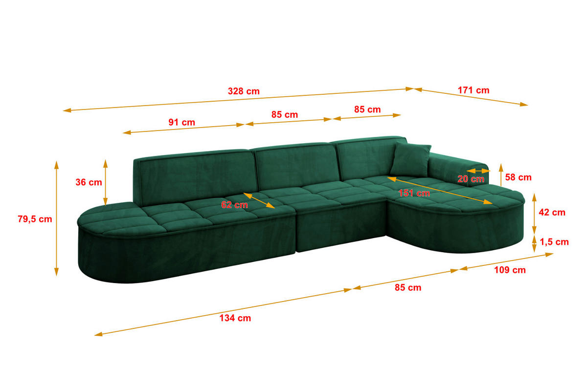 ECKSOFA Ottomane Rechts TARO-L2 - 328x171x79,5 cm Dunkelgrün - Grün, Holzwerkstoff/Textil (328/171cm) - ALTDECOR