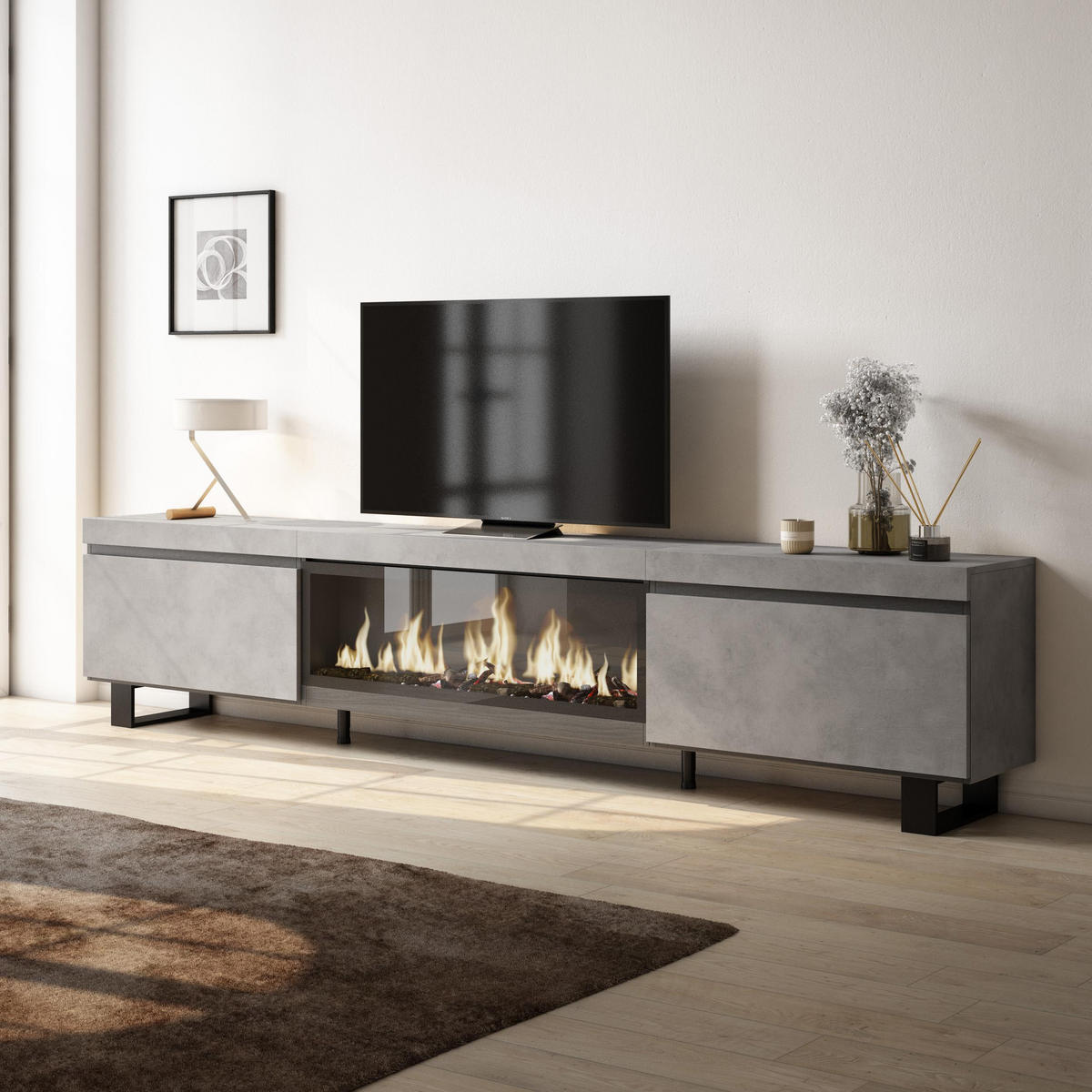 TV-SCHRANK Lowboard, Elektrokamin XXL, zementgrau, 267/35/57cm - Grau, Holzwerkstoff (267/57/35cm) - Skraut Home