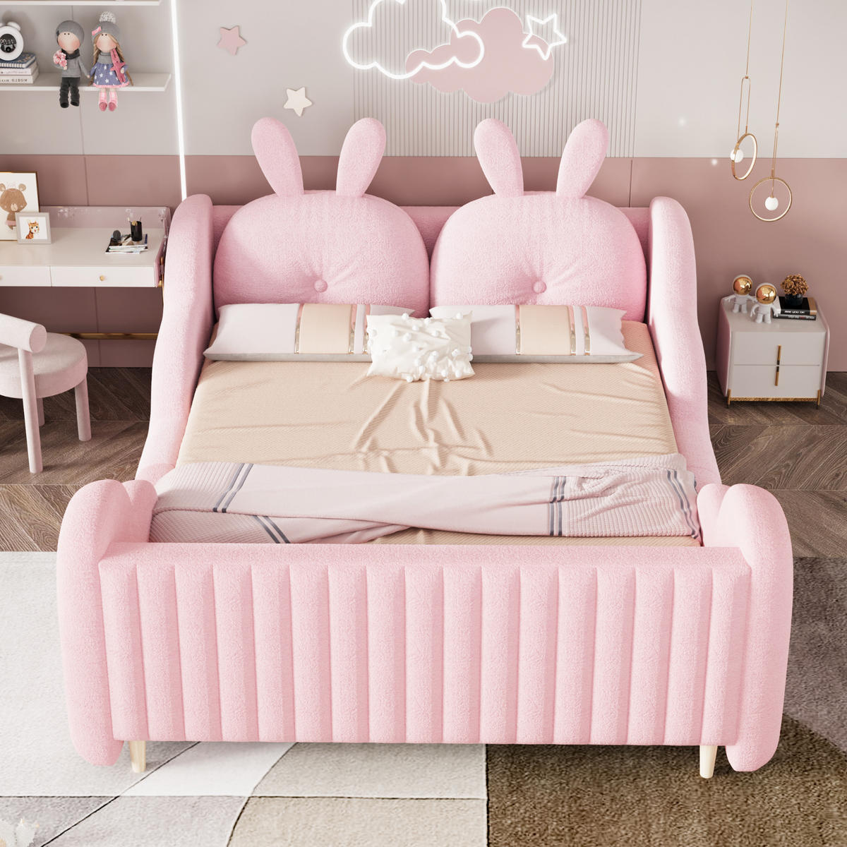 POLSTERBETT 140/200 cm in Rosa Teddyplüsch mit Hasenkissen - Rosa, Holzwerkstoff/Textil (140/200cm) - WISHDOR