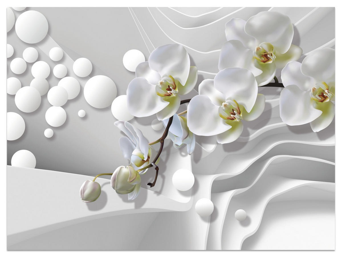 FOTOTAPETE für Badezimmer Geometrische Abstraktion Weiße Orchideen Blumen 300x210 - Gelb/Weiß, Papier (300/210cm) - Muralo