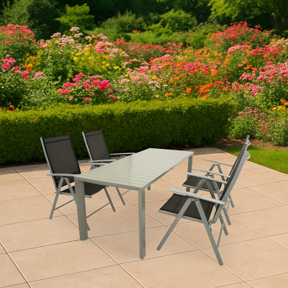 GARTEN-GARNITUR Sunderland - 5-teilige Garten-Essgruppe (4x Klappsessel mit Aluminiumgestell grau, Bespannung Textilene schwarz - Schwarz, Metall - TPFGarden