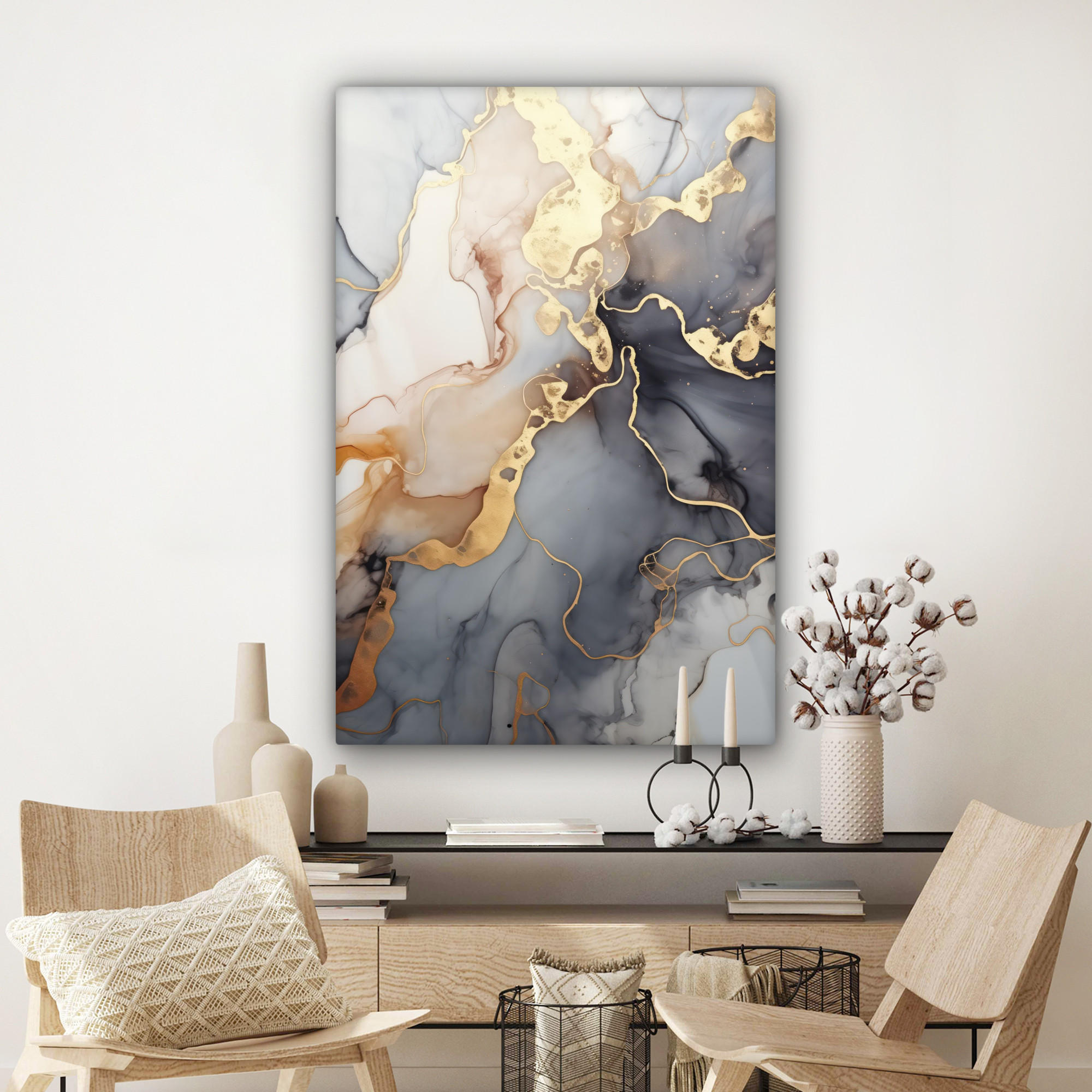 LEINWANDBILD Marmor - Schwarz - Gold - Weiß 90x140 cm - Dunkelgrau, Textil (90/140cm) - MuchoWow