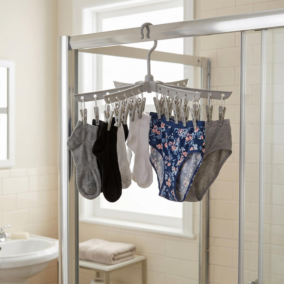 SUŠIAK Biela strieborná skladací na 27 vešiakov - viacfarebná, kov/plast (59/170/59cm) - Relaxdays