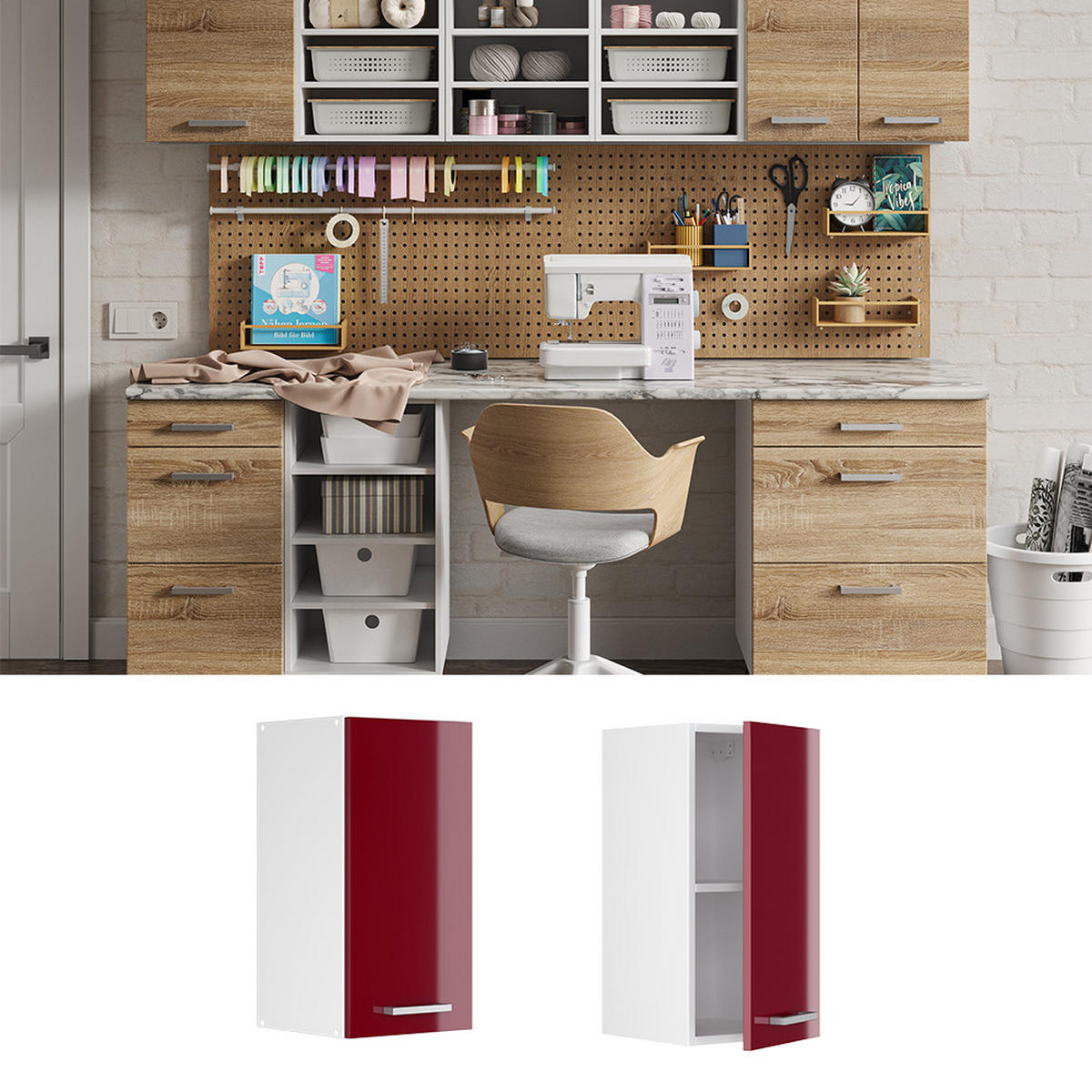UNIVERZÁLNÍ NÁSTĚNNÁ SKŘÍŇKA R-Line Bordó červená vysoký lesk - bílá/bordeaux, kompozitní dřevo (30/60/31cm) - Vicco
