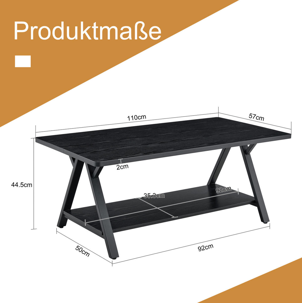 KONFERENČNÍ stolek z MDF a kovu, 110/57/44,5 cm černý, s úložnou policí - černá, kompozitní dřevo (110/57/44.5cm) - BEAOK