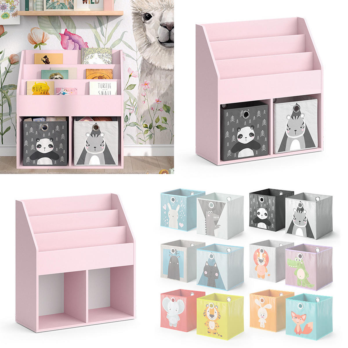 KINDERREGAL Luigi Rosa 72 x 79 cm mit 2 Faltboxen (Panda, Tiger) - Pink, Holzwerkstoff (72/79/30.7cm) - Vicco