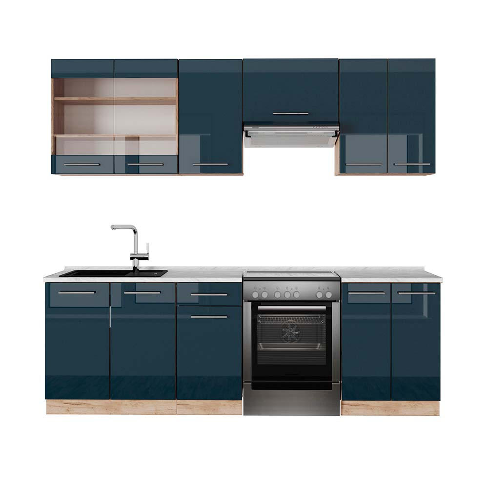 KÜCHENZEILE Fame-Line Dunkelblau Hochglanz/Goldkraft Eiche 240 cm AP Marmor - Eiche Wotan/Dunkelblau, Holzwerkstoff (240/81.6/60cm) - Vicco