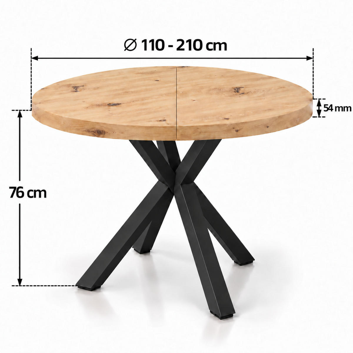 ESSTISCH rund ausziehbar 110/210/76 cm, Artisan Eiche, 54 cm Tischplatte + X Metallbeine Schwarz - Schwarz/Eiche Artisan, Holzwerkstoff/Metall (110/210/76cm) - Damale Möbel