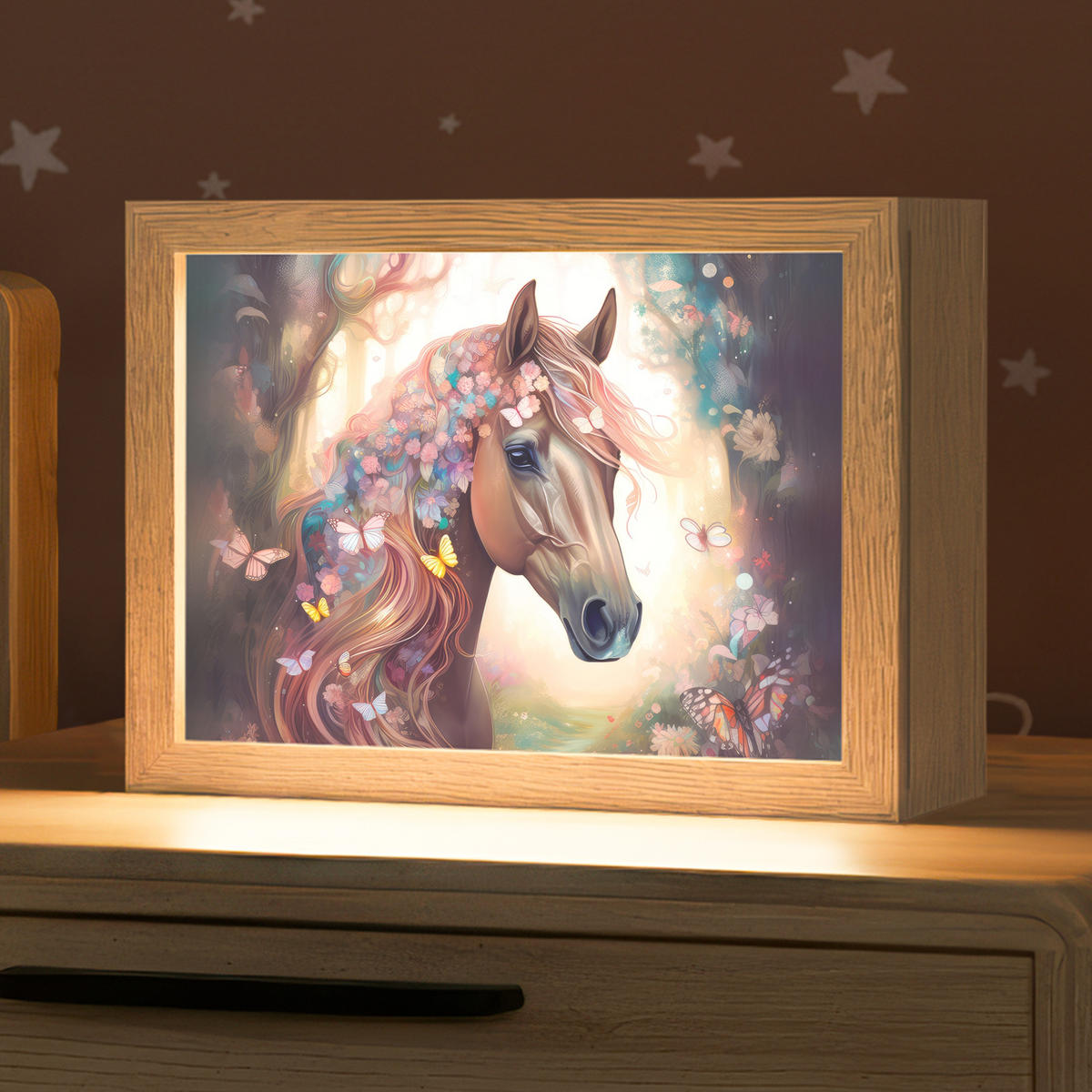 NACHTTISCHLAMPE Pferd - Natur - Blumen - Schmetterlinge - Wald 20x15 cm - Dunkelbraun, Holzwerkstoff (8/20/15cm)