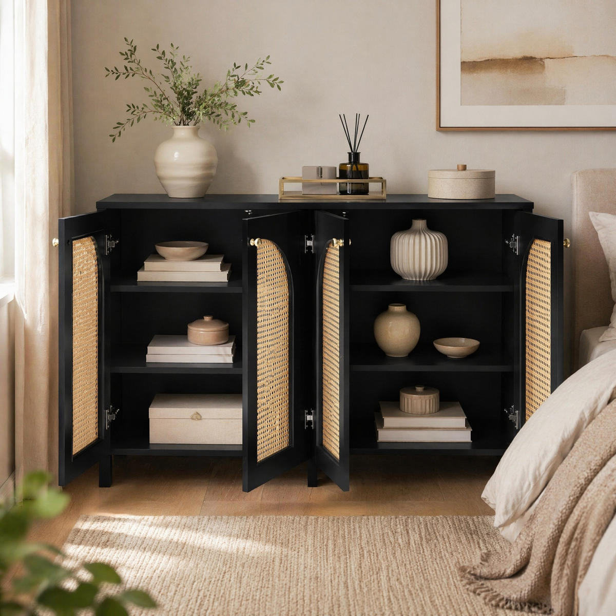 SIDEBOARD in Naturfarben und Schwarz Anrichte mit 4 Rattantüren für Esszimmer, Küche und Wohnzimmer, B145/T80/H40 cm - Schwarz/Naturfarben, Holzwerkstoff/Metall (145/80/40cm) - STILVORA