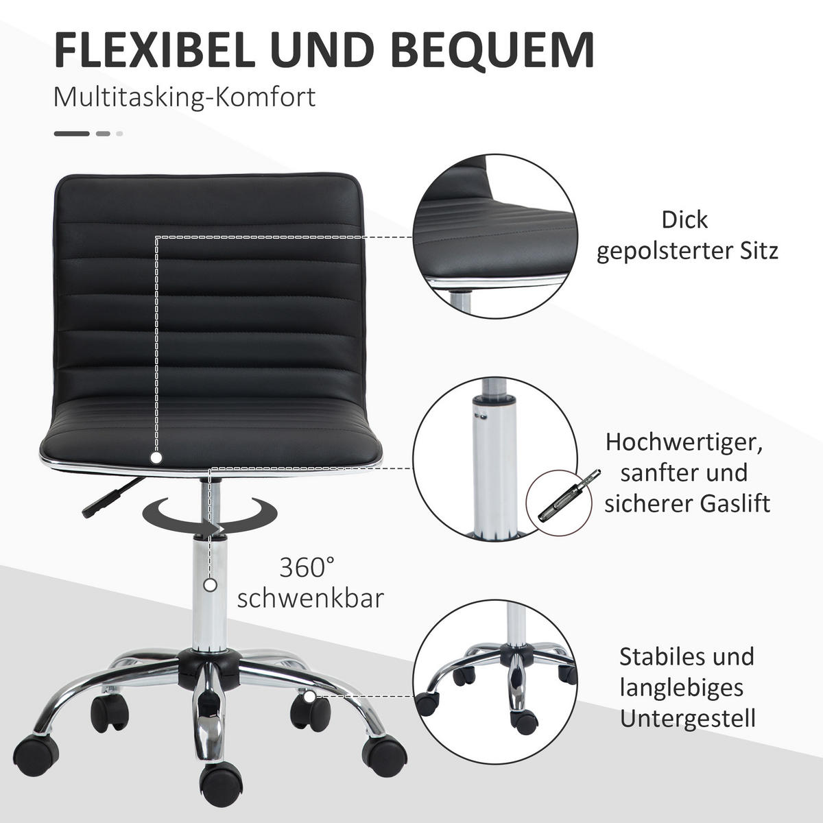 BÜROSTUHL mit Rückenlehne, höhenverstellbar Drehstuhl mit Rollen Schwarz - Schwarz, Kunststoff (52/90/48cm) - HOMCOM