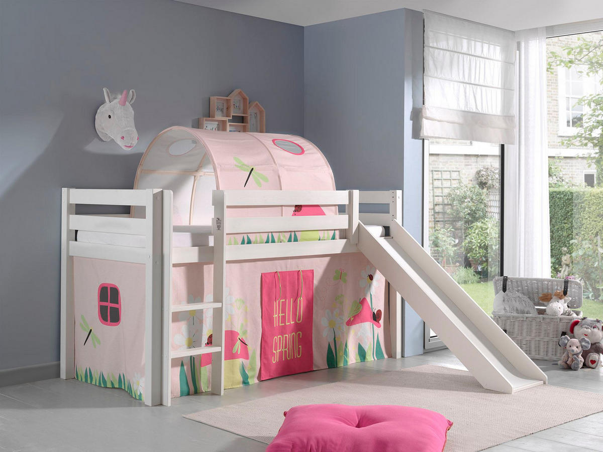 HOCHBETT mit Rutsche Karolina Massivholz Weiß Textilset Spring 2 - Hellrosa/Weiß, Holz (90/200cm) - 58aufmkessel