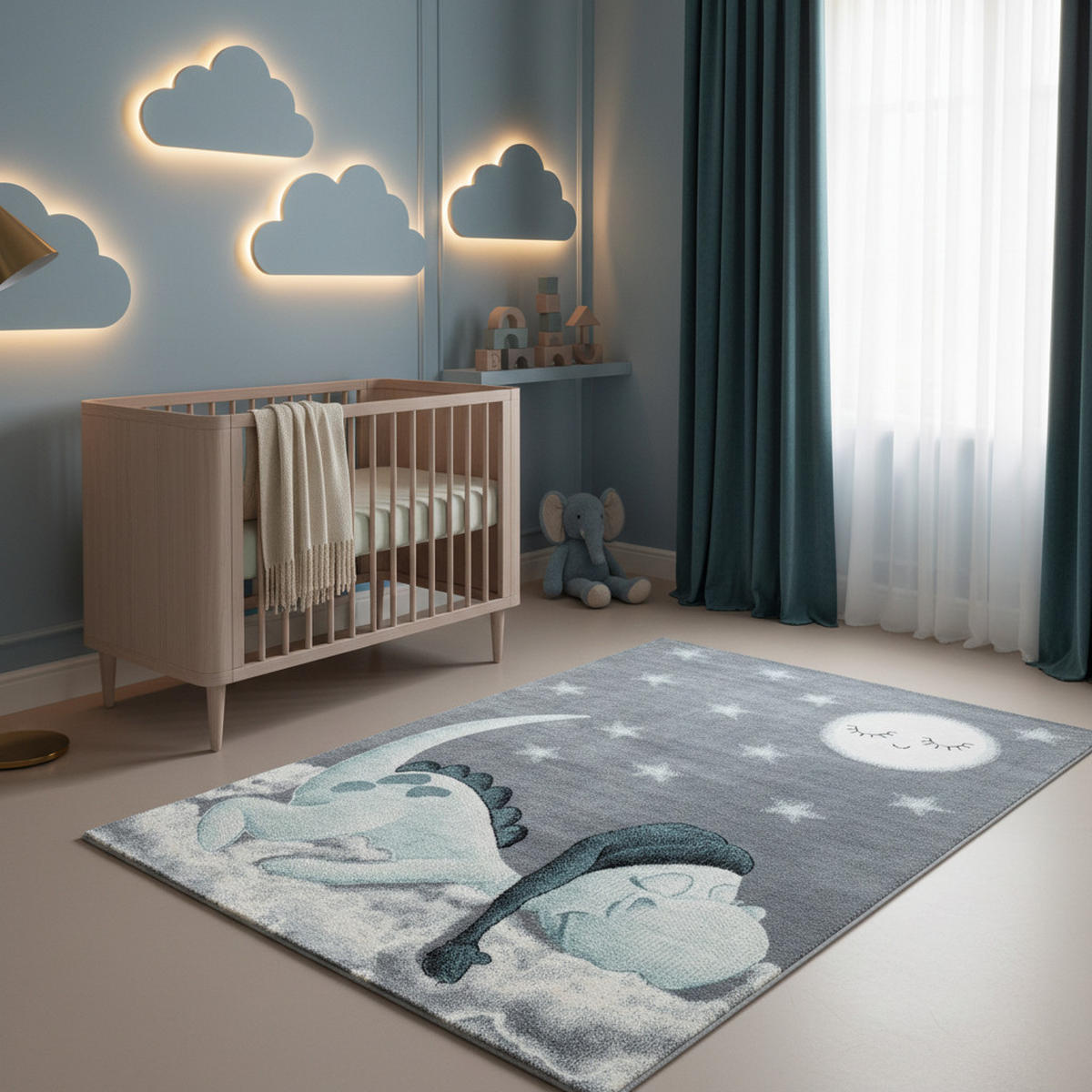 KINDERTEPPICH Dino Pflegeleicht Waschbar Kinderzimmer OEKO-TEX Blau 160x230 cm Gekettelt Flur – NOLA - Blau, Textil (160/230cm) - KADIMA DESIGN